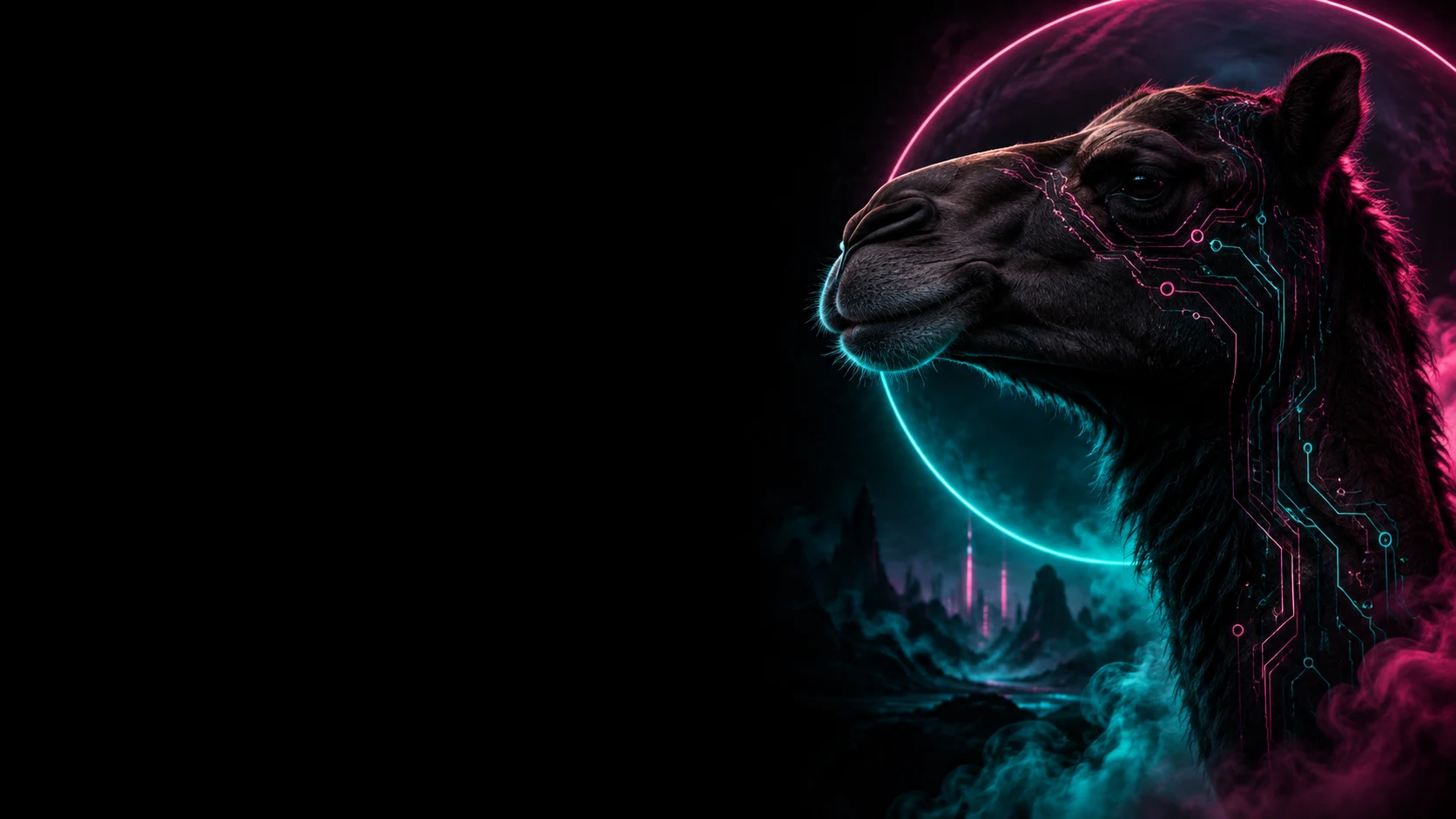A neon circuit camel above a dystopian city, lit in turquoise and magenta